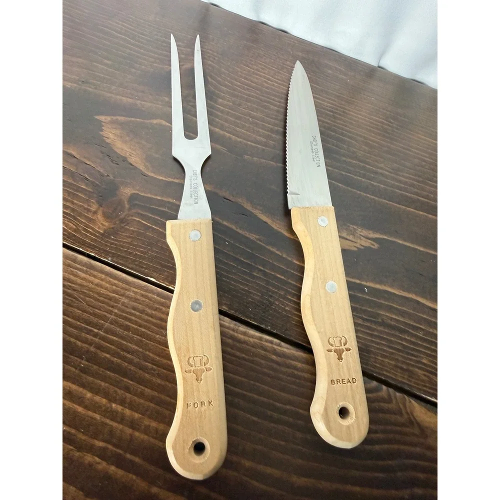 Chef's Collection Stainless Steel Carving Set‎ Wood Handle Bread Knife Meat Fork